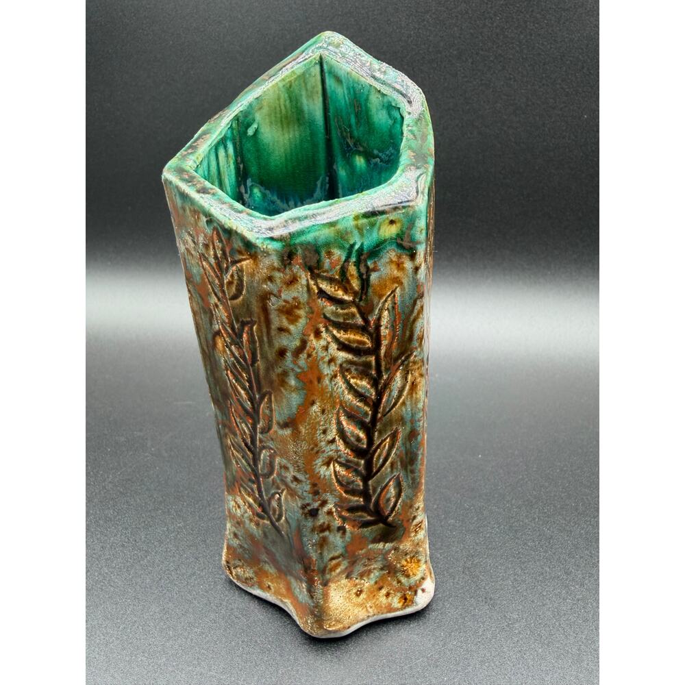 Vintage Studio Pottery Vase Green Brown Drip Glaze Leaf Art BOHO Decor Signed